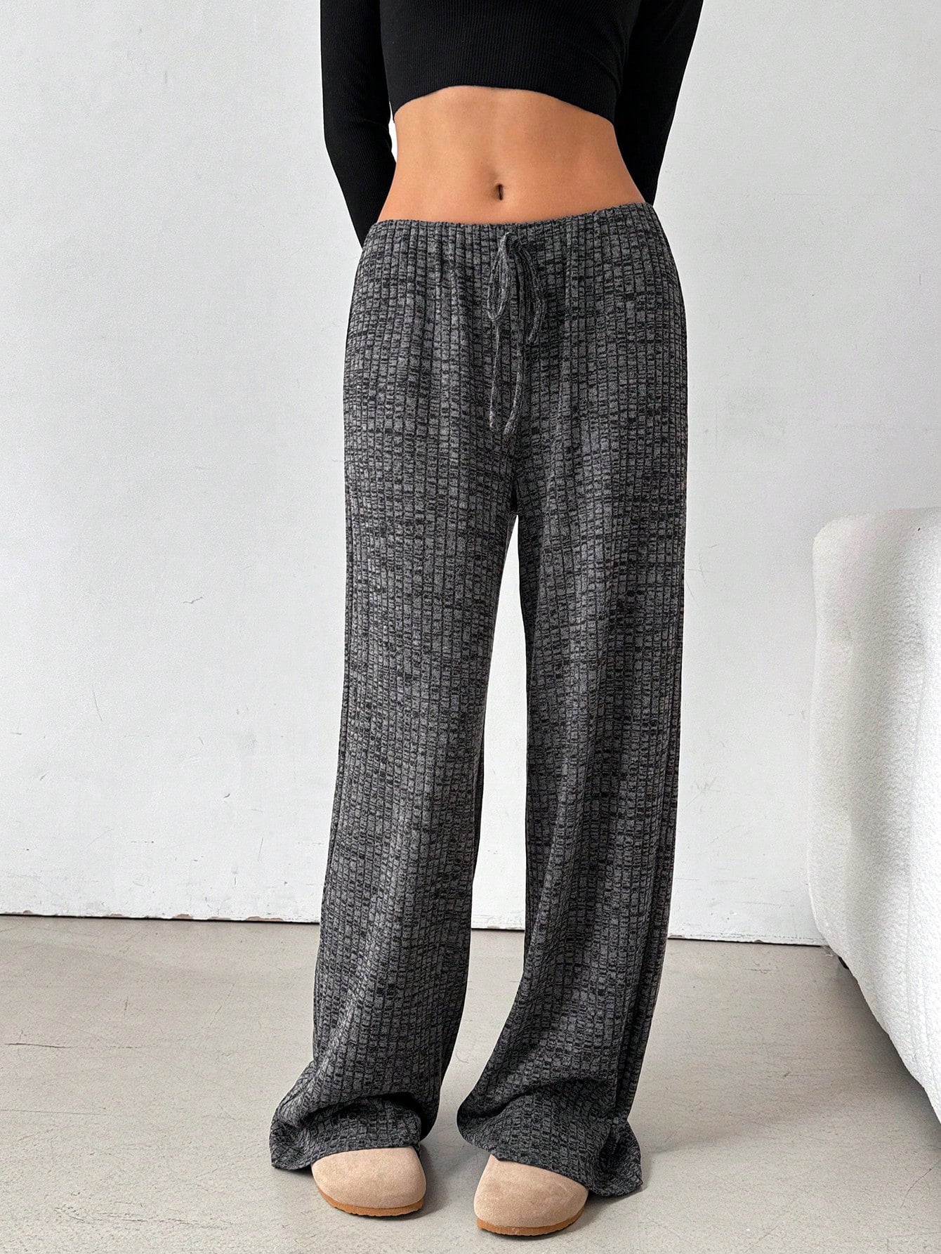 Striped Solid-color Elastic Waist Straight-leg Pants
