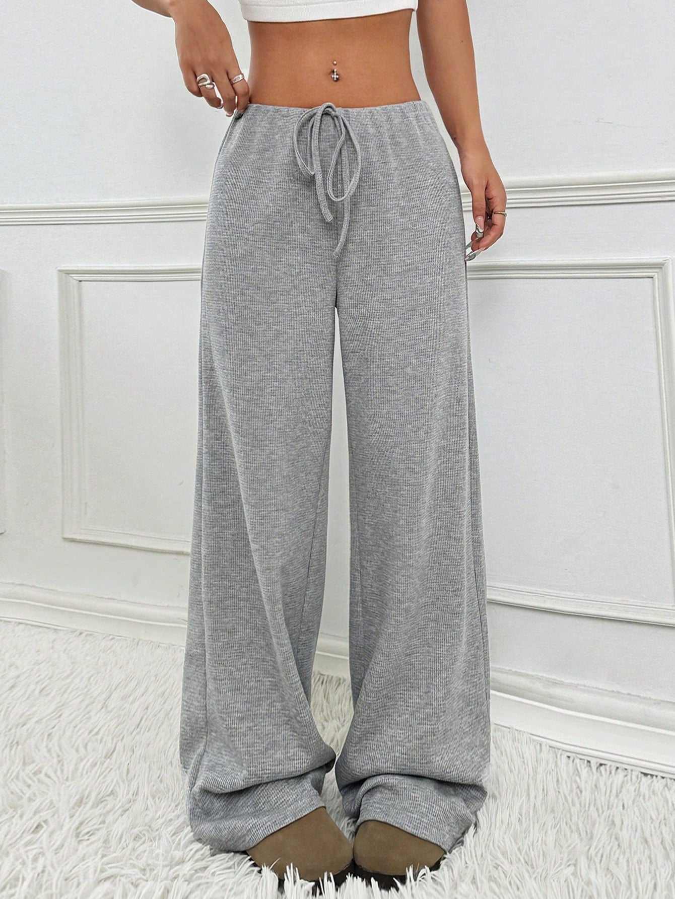 Striped Solid-color Elastic Waist Straight-leg Pants