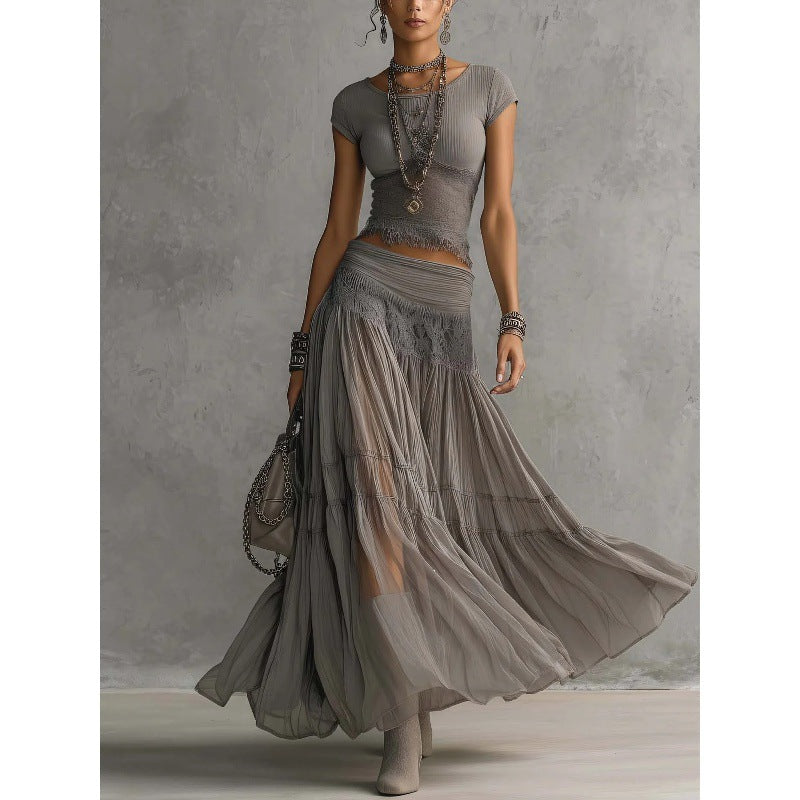Women's Knitted Top and Chiffon Skirt
