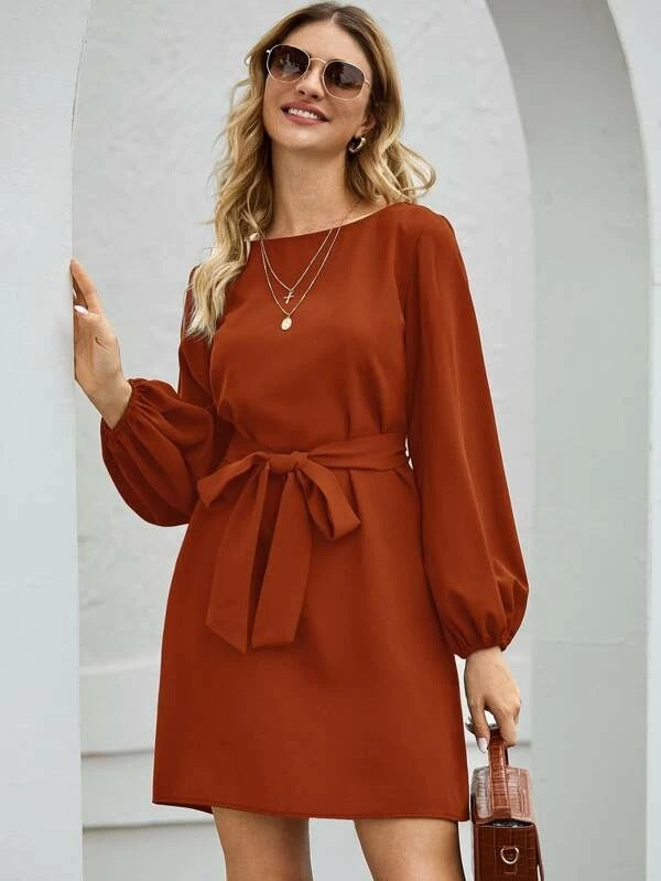 Womens Solid Color Knitted Mid-Length Dress