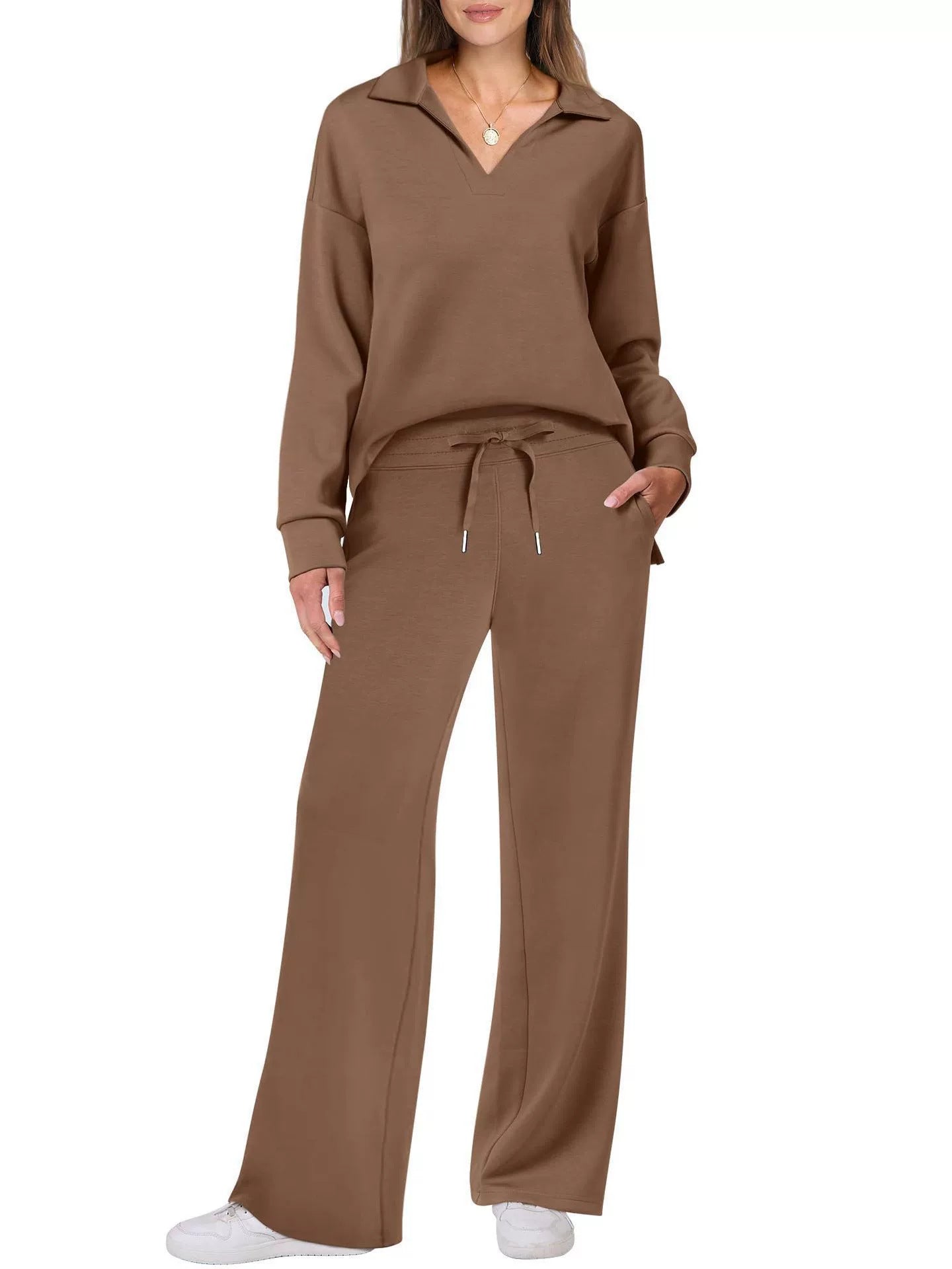 Loose V-Neck Drawstring Waist Flared Pants Two-Piece