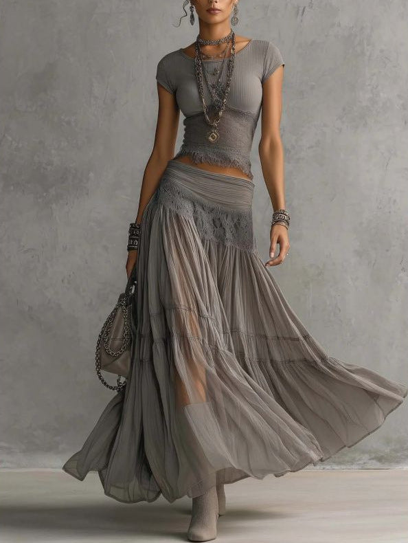 Women's Knitted Top and Chiffon Skirt