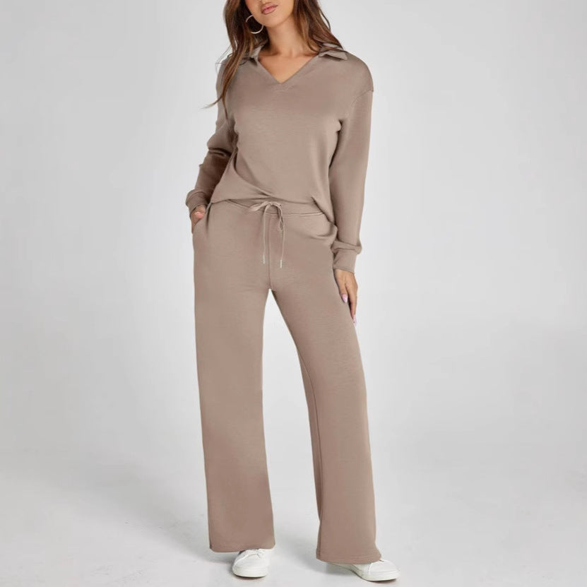 Loose V-Neck Drawstring Waist Flared Pants Two-Piece