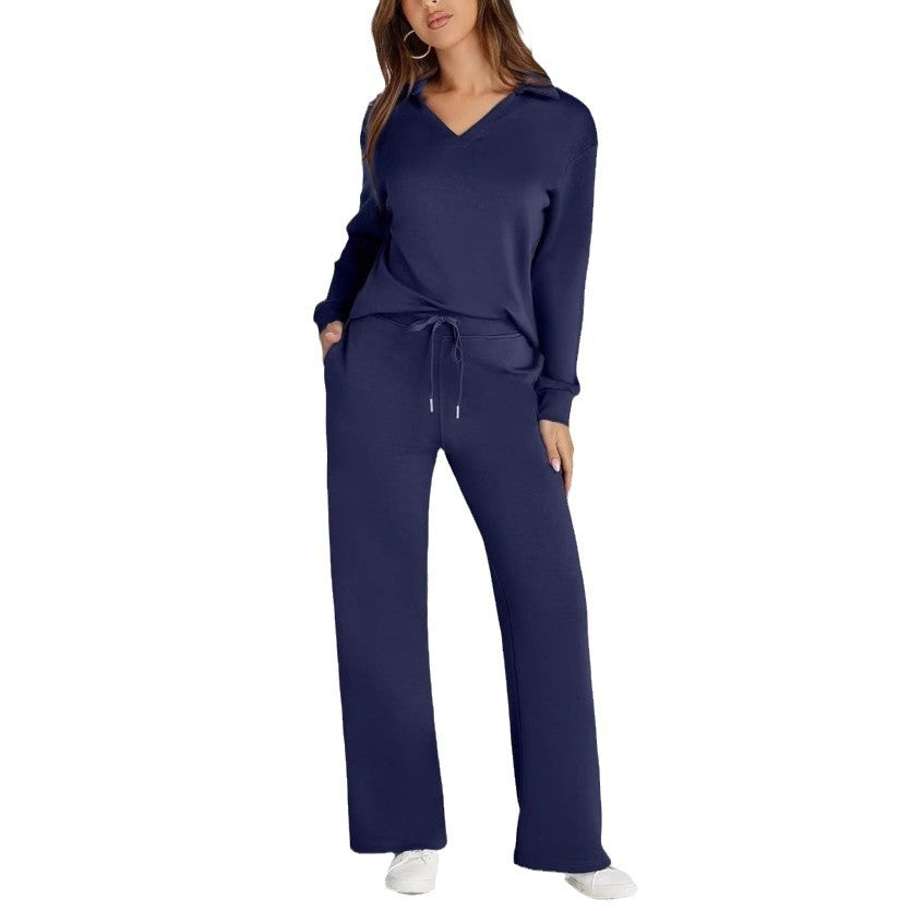 Loose V-Neck Drawstring Waist Flared Pants Two-Piece