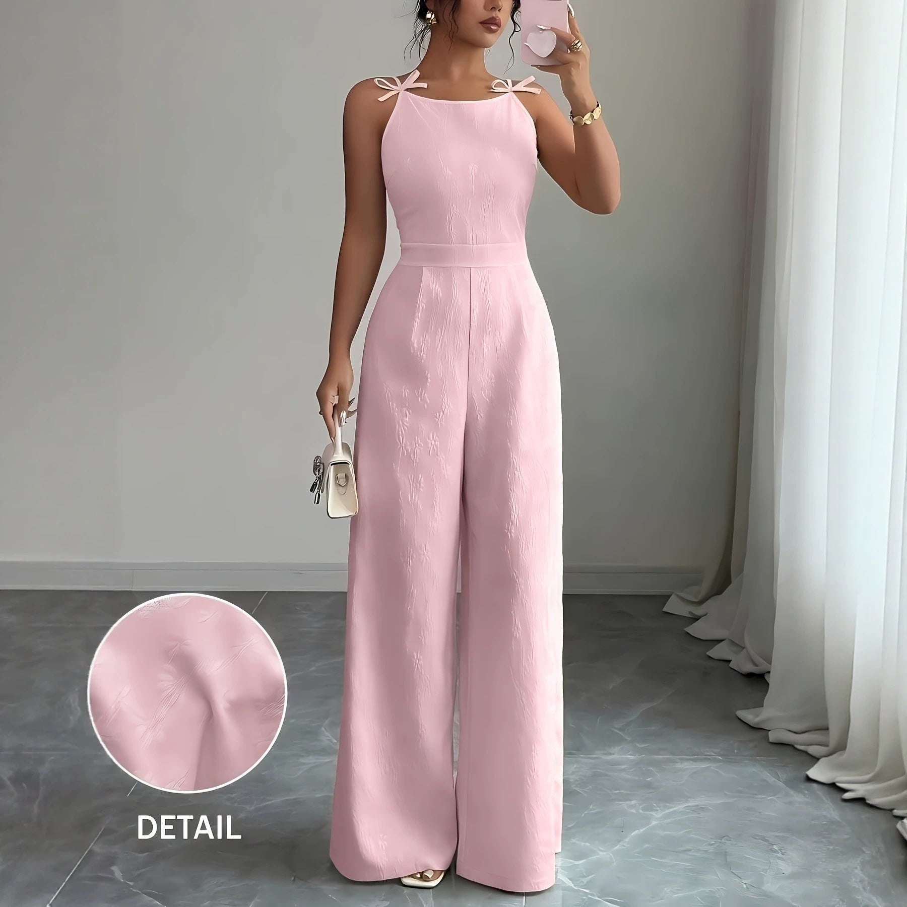 2026 Summer New European and American Cross-Border Jacquard Strap Fashion Casual Jumpsuit for Women with Bow Tie Waist and Wide-Leg Pants
