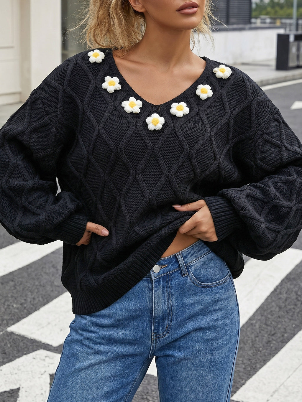 Crochet Floral Pullover Sweater with Lantern Sleeves