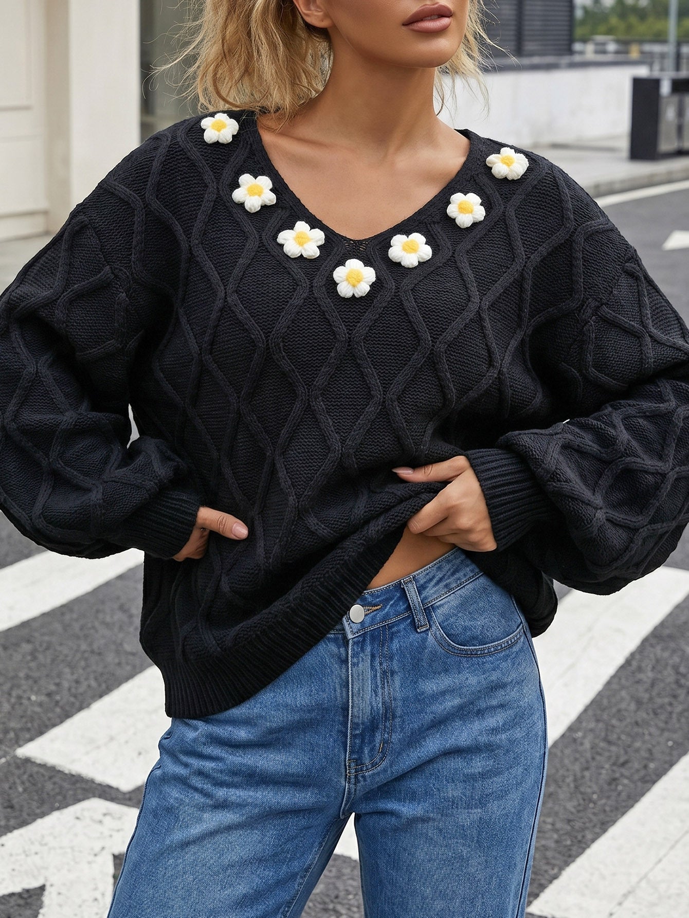 Crochet Floral Pullover Sweater with Lantern Sleeves