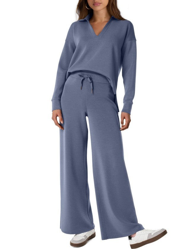 Loose V-Neck Drawstring Waist Flared Pants Two-Piece