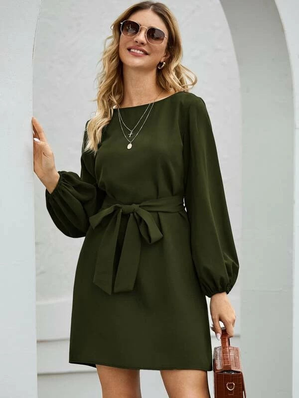Womens Solid Color Knitted Mid-Length Dress