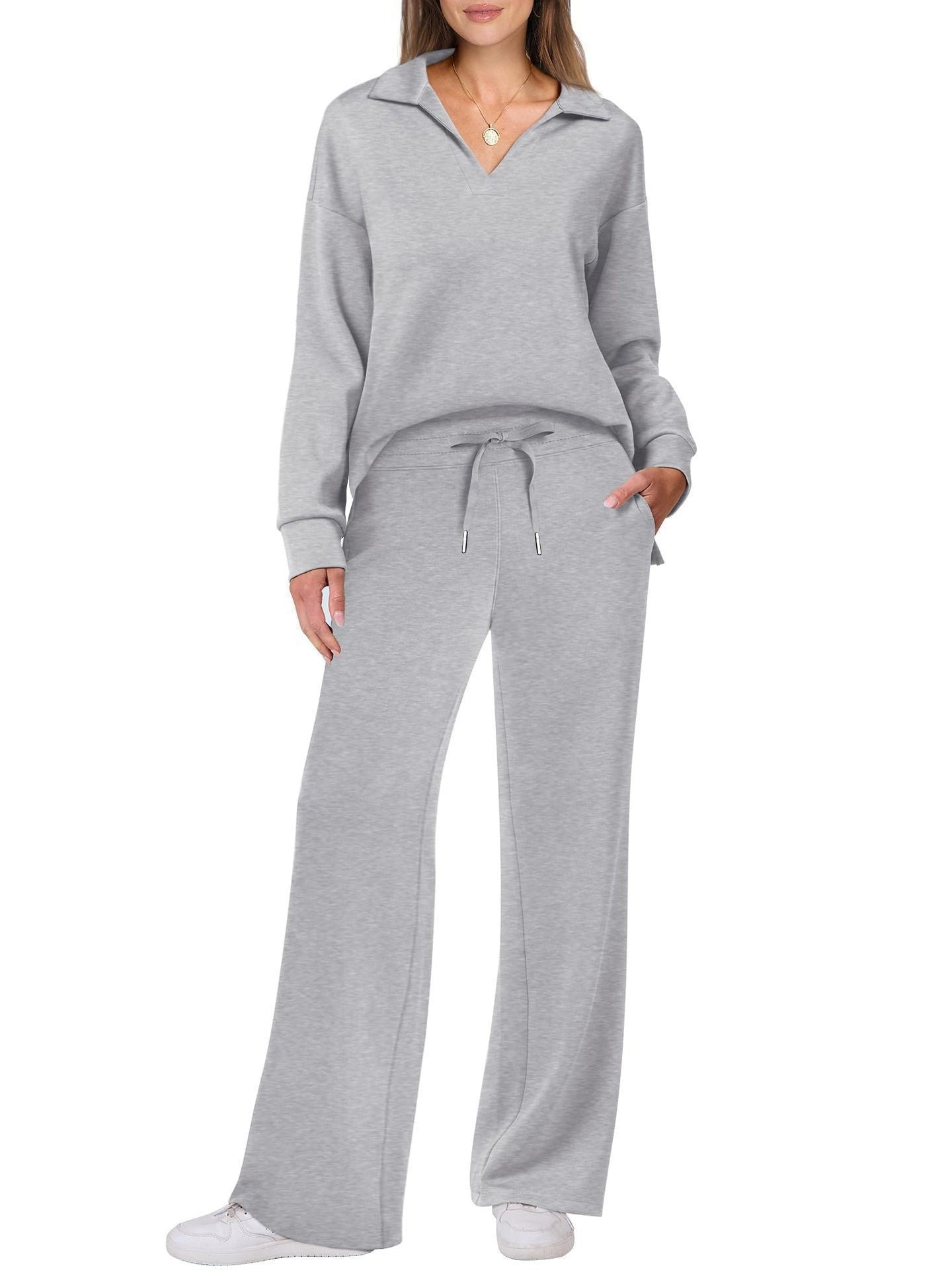 Loose V-Neck Drawstring Waist Flared Pants Two-Piece