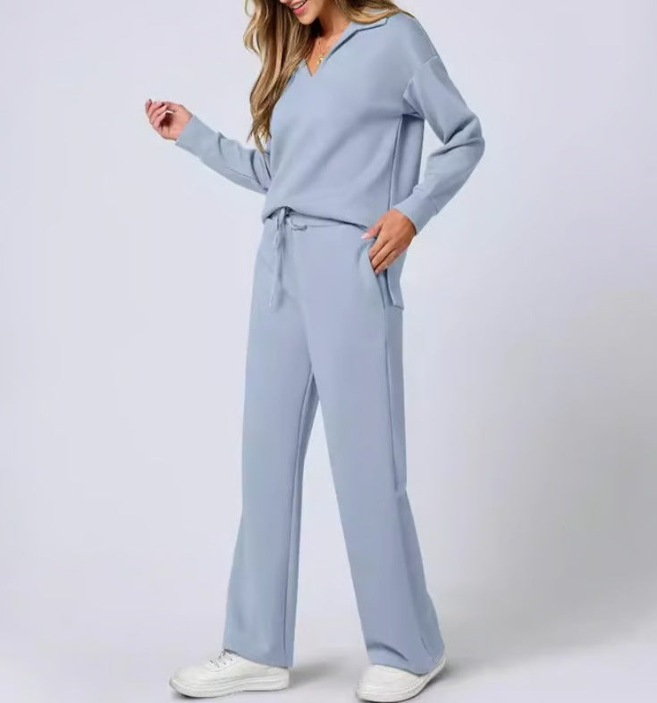 Loose V-Neck Drawstring Waist Flared Pants Two-Piece