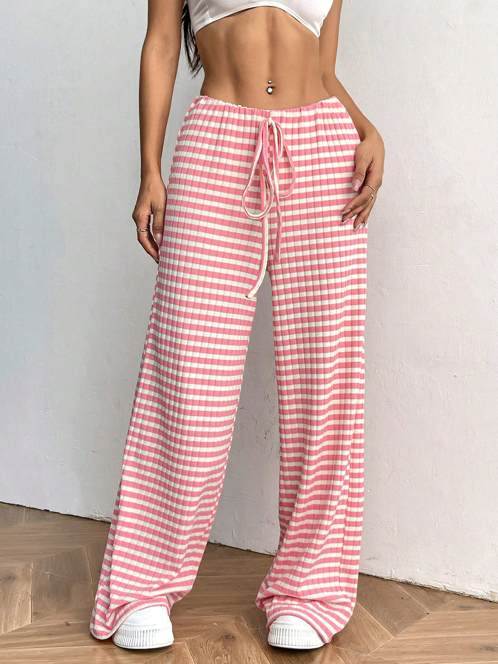 Striped Solid-color Elastic Waist Straight-leg Pants