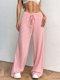 Striped Solid-color Elastic Waist Straight-leg Pants