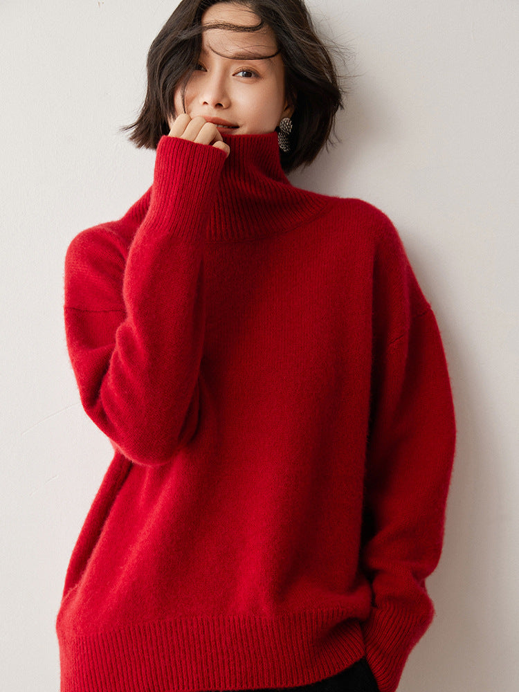 Women High Collar Loose Knitted Pullover Sweater