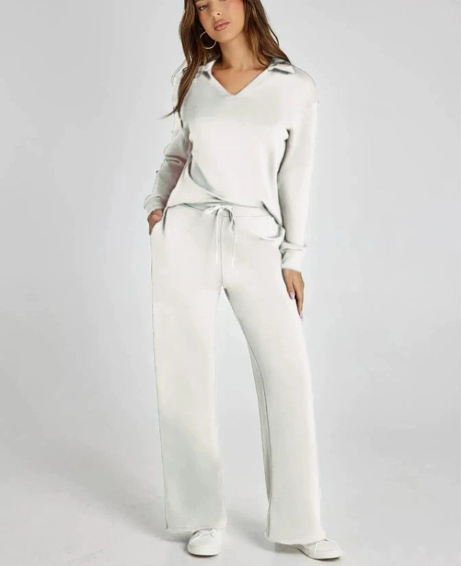 Loose V-Neck Drawstring Waist Flared Pants Two-Piece