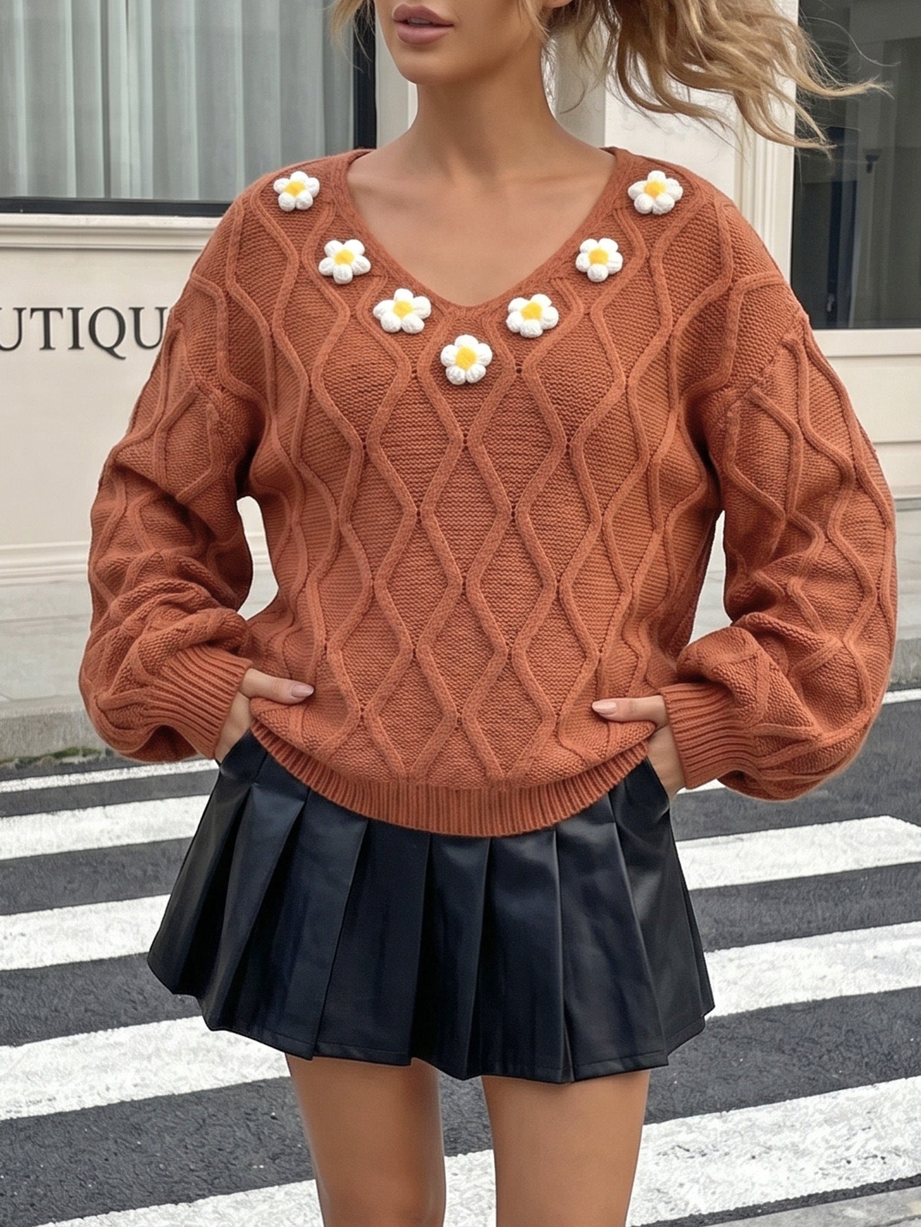 Crochet Floral Pullover Sweater with Lantern Sleeves