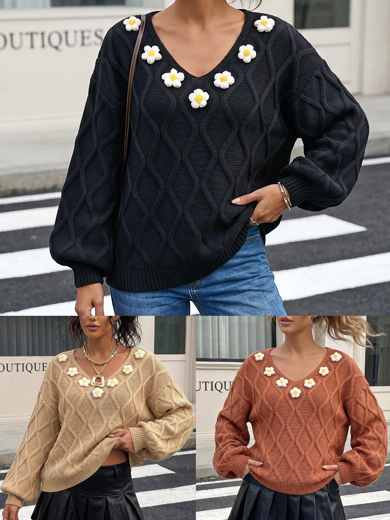 Crochet Floral Pullover Sweater with Lantern Sleeves
