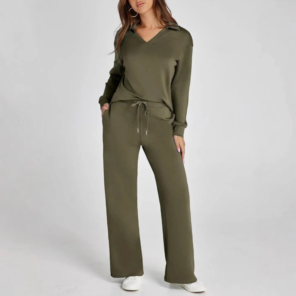 Loose V-Neck Drawstring Waist Flared Pants Two-Piece