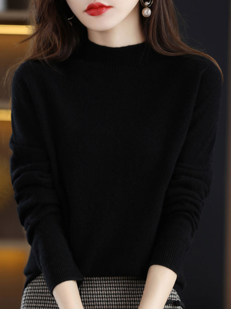 Half High Collar Knitted Sweater Autumn Winter Loose Fit Pullover