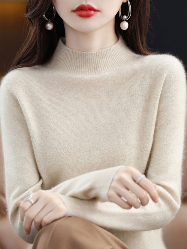 Half High Collar Knitted Sweater Autumn Winter Loose Fit Pullover