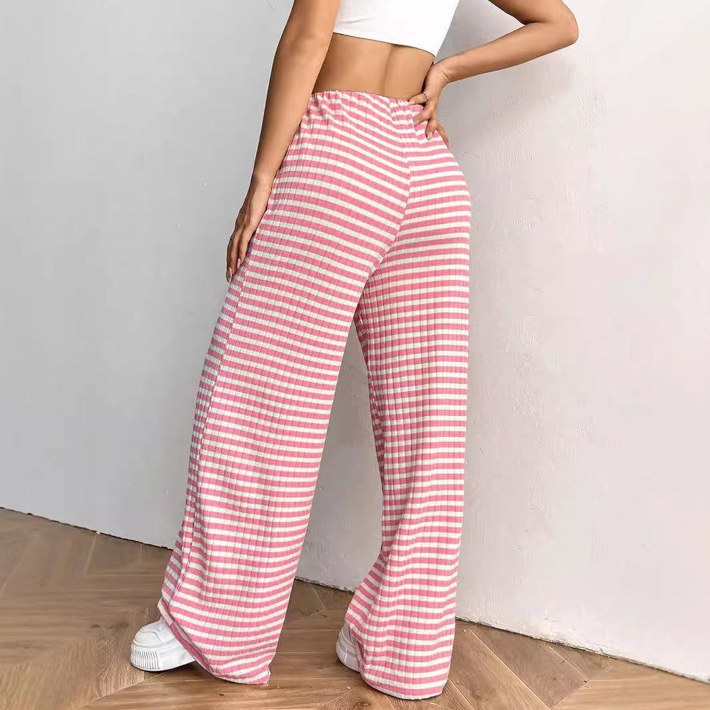 Striped Solid-color Elastic Waist Straight-leg Pants