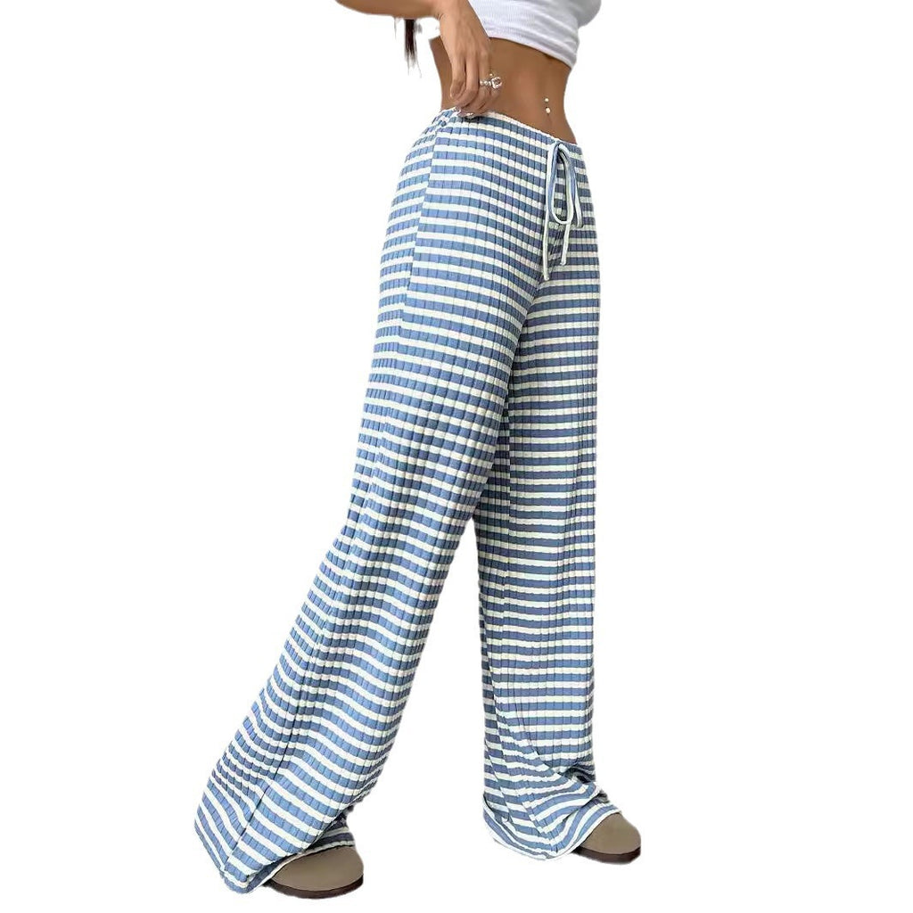 Striped Solid-color Elastic Waist Straight-leg Pants