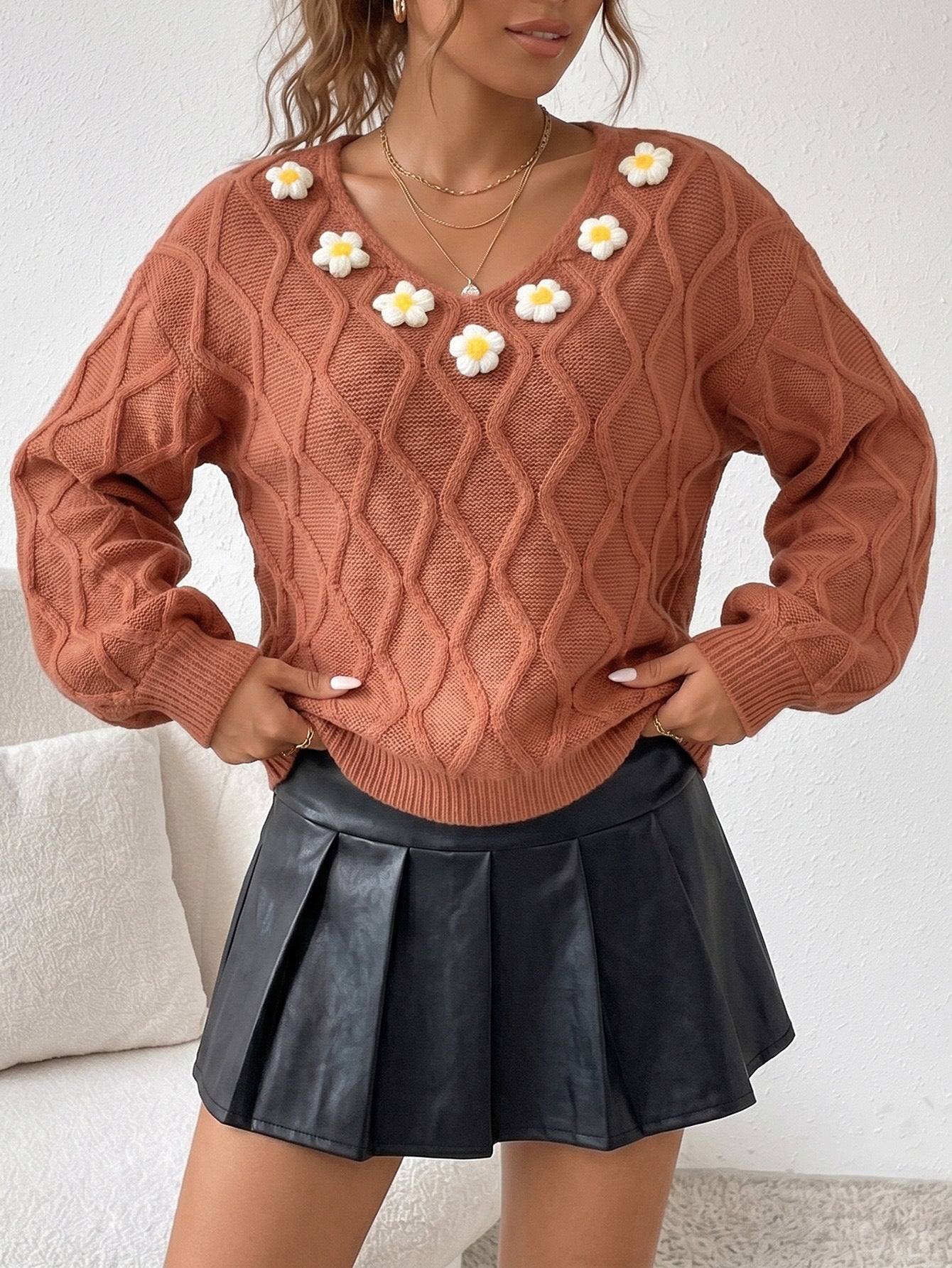 Crochet Floral Pullover Sweater with Lantern Sleeves