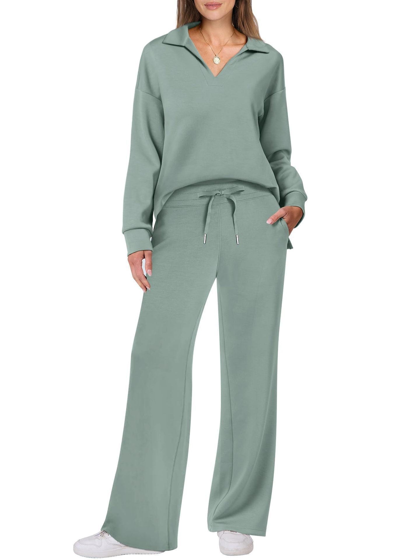 Loose V-Neck Drawstring Waist Flared Pants Two-Piece