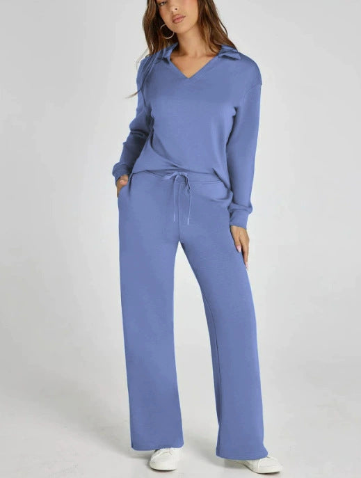 Loose V-Neck Drawstring Waist Flared Pants Two-Piece