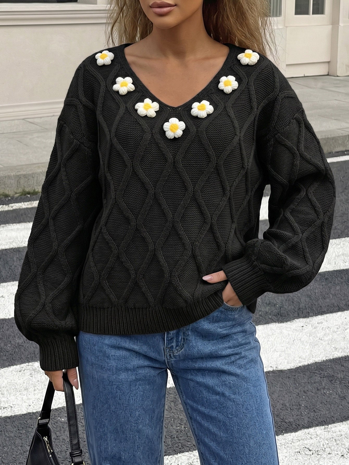Crochet Floral Pullover Sweater with Lantern Sleeves