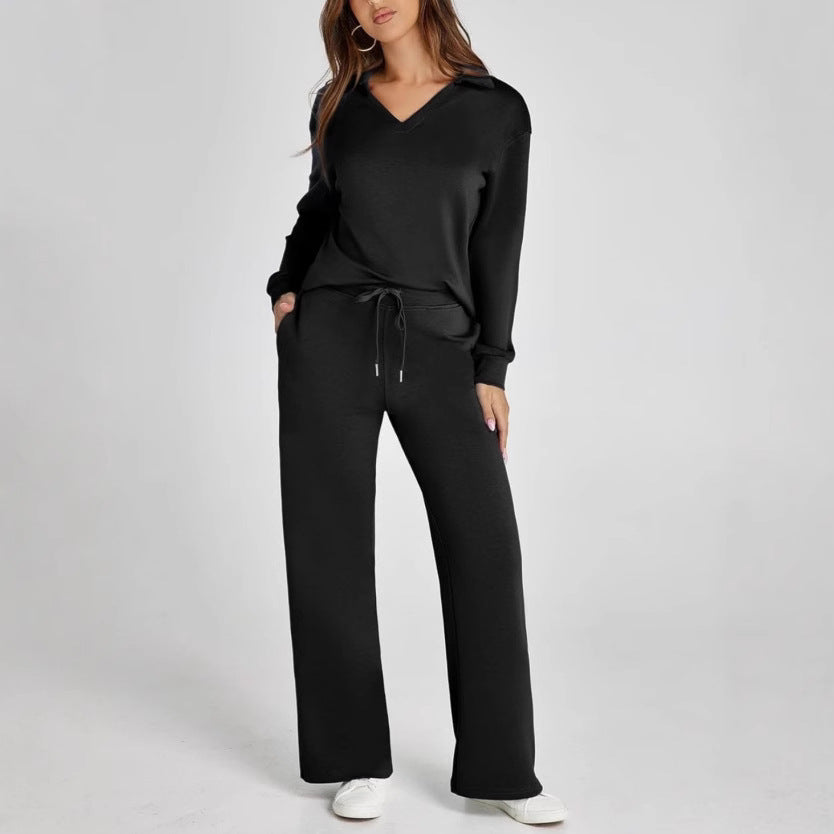 Loose V-Neck Drawstring Waist Flared Pants Two-Piece
