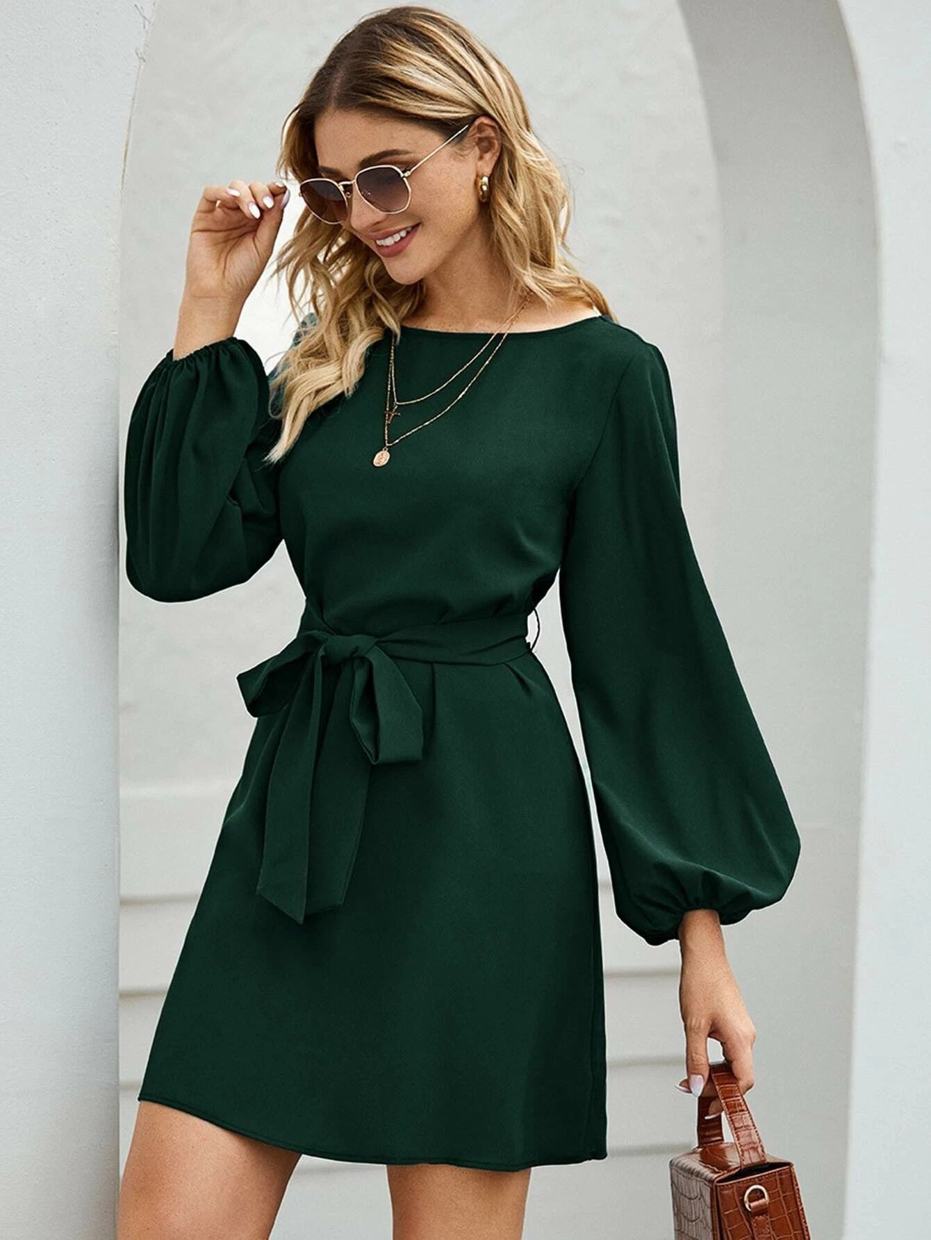 Womens Solid Color Knitted Mid-Length Dress