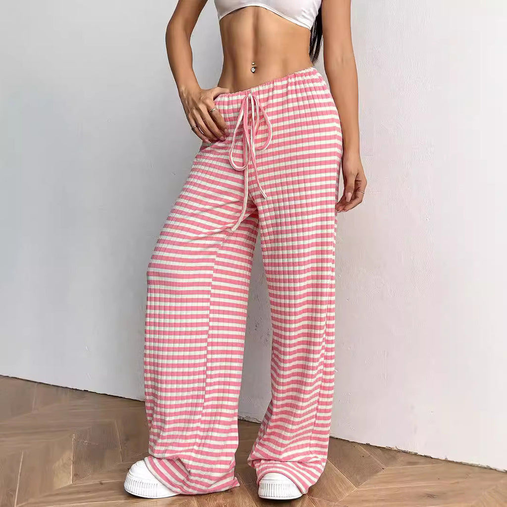 Striped Solid-color Elastic Waist Straight-leg Pants