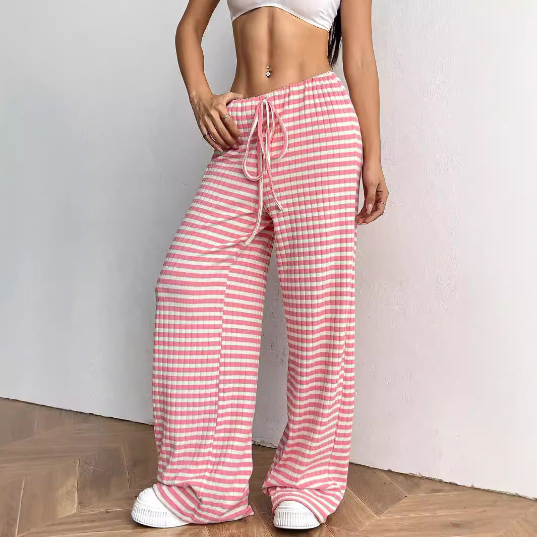 Striped Solid-color Elastic Waist Straight-leg Pants