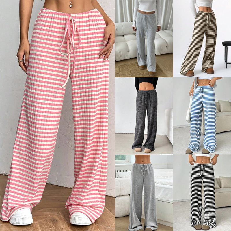 Striped Solid-color Elastic Waist Straight-leg Pants